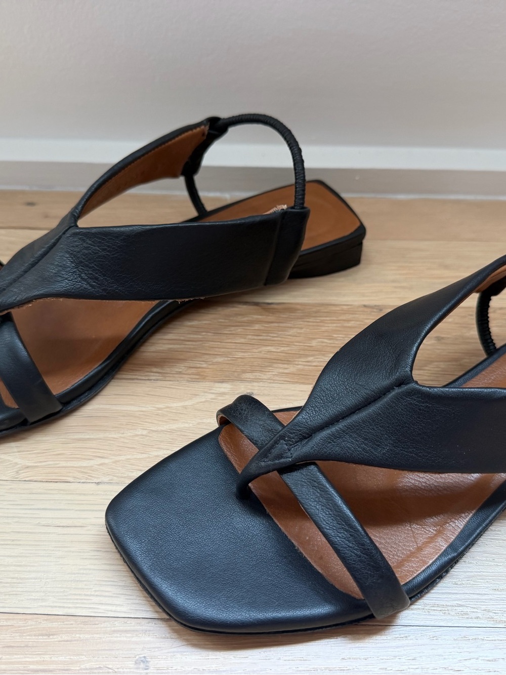 COCLICO Black Leather Square-Toe Slingback Sandals